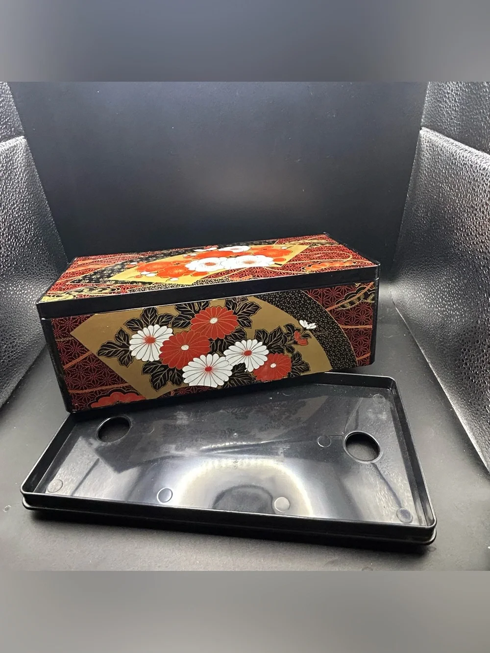 Vintage Tissue Box Holder With Flip Up Mirror Floral Design Made In Japan.